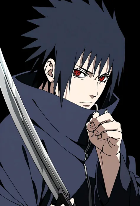 sasuke uchiha, lighting in hand, chicory, upper body, sharingan in eyes, ready to fight, sword, hight quality, red eyes, no back...