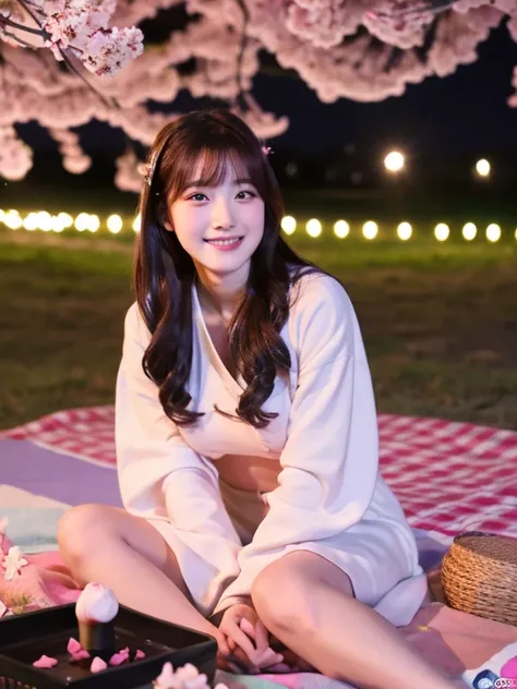 Cute face like an 18-year-old idol　smile gently　naked figure　full body figure　Slightly larger bust　dark lighting　night park　Cherry blossom viewing under the illuminated cherry blossoms at night　sitting on a picnic sheet　Raw photo　genuine