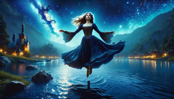 beautiful girl levitating over a lake at night, medieval clothing, milky way stars in the sky, horror tones, oil painting, high quality, realistic, detailed, masterpiece, 8k, (best quality,4k,8k,highres,masterpiece:1.2),ultra-detailed,(realistic,photoreali...