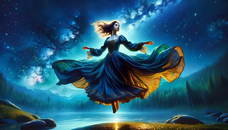 beautiful girl levitating over a lake at night, medieval clothing, milky way stars in the sky, horror tones, oil painting, high quality, realistic, detailed, masterpiece, 8k, (best quality,4k,8k,highres,masterpiece:1.2),ultra-detailed,(realistic,photoreali...