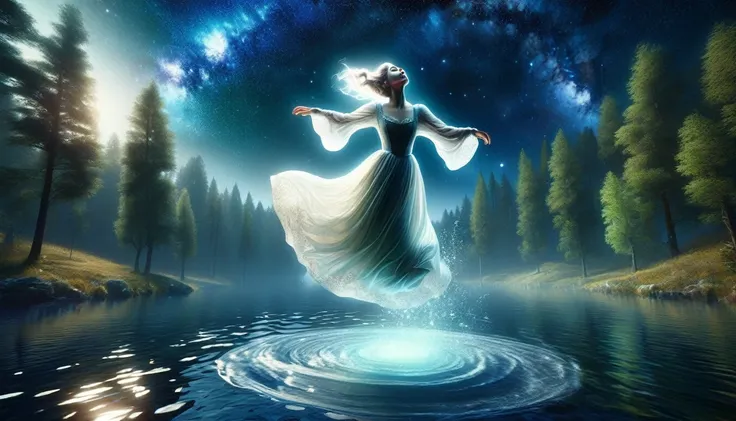 A ghostly girl, levitating over the water of a lake, beautiful medieval appearance, night sky with stars and milky way, horror tones, oil painting, (best quality,4k,8k,highres,masterpiece:1.2),ultra-detailed,(realistic,photorealistic,photo-realistic:1.37),...