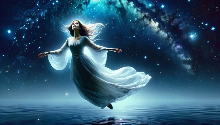 A ghostly girl, levitating over the water of a lake, beautiful medieval appearance, night sky with stars and milky way, horror tones, oil painting, (best quality,4k,8k,highres,masterpiece:1.2),ultra-detailed,(realistic,photorealistic,photo-realistic:1.37),...