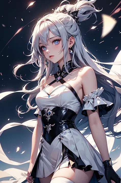 (masterpiece:1.5, Highest quality, Very detailed、 Dutch Angle、Realistic、Fantasy)(One girl, alone)(White and beautiful hair:1.4,,Straight Long Hair)(White based dress, zettai ryouiki)、((medium breasts))(from side)(Beautiful starry sky、Mystical Night、Particl...