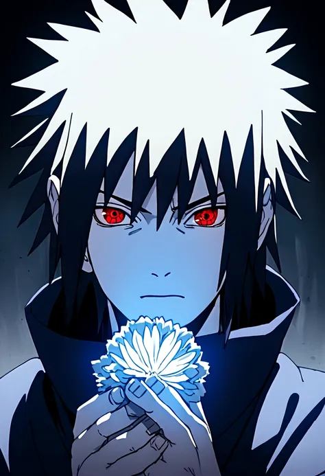 sasuke uchiha, blue lighting in hand, chicory, upper body, sharingan in eyes, ready to fight, hight quality, red eyes,