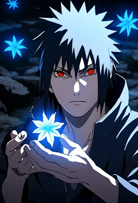 sasuke uchiha, blue lighting in hand, chicory, upper body, sharingan in eyes, ready to fight, hight quality, red eyes,