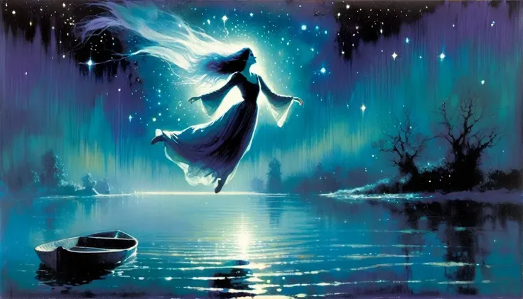 ghostly girl, levitates over the water of a lake, beautiful, medieval appearance, night, stars, milky way, horror tones (art inspired in Bill Sienkiewicz). oil painting) 