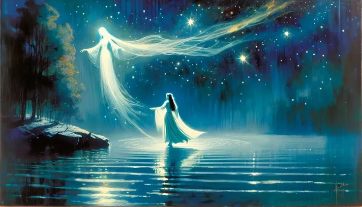 ghostly girl, levitates over the water of a lake, beautiful, medieval appearance, night, stars, milky way, horror tones (art inspired in Bill Sienkiewicz). oil painting) 