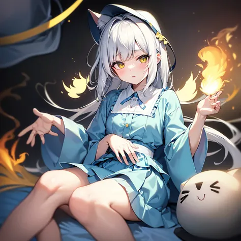 fart 냄새를 맡는 검은 머리 고양이 소녀（2D face in HUD）white haired cat lying under girl，lovely white haired cat girl（2D face in HUD）,wearing a light blue short skirt，fart(yellow smoke)，yellow smoke,brown smoke,진한fart(진한yellow smoke)