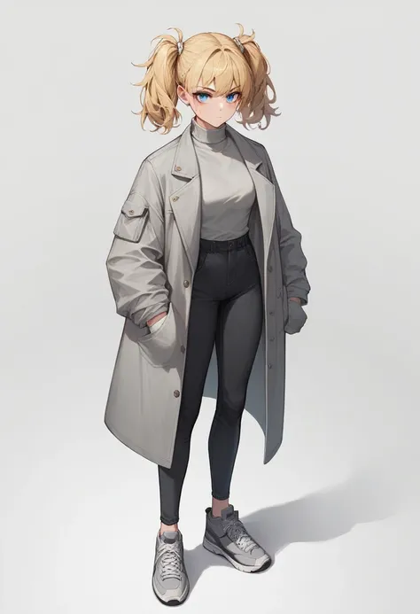 1 girl, blonde hair tied into two small ponytails, blue eye color, scar on his left eye, black wide-legged pants, gray sneakers with white laces, grey turtleneck coat, White background, standing straight