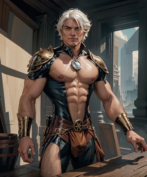 (((Luxurious white hair and sexy smirk.))) (((18 years old.))) (((18yo.))) (((Cute smirk.))) (((Single character image.))) (((1boy))) (((Looks like beefcake male fantasy character.))) Create an enchanting AI-generated image of a charismatic and irresistibl...