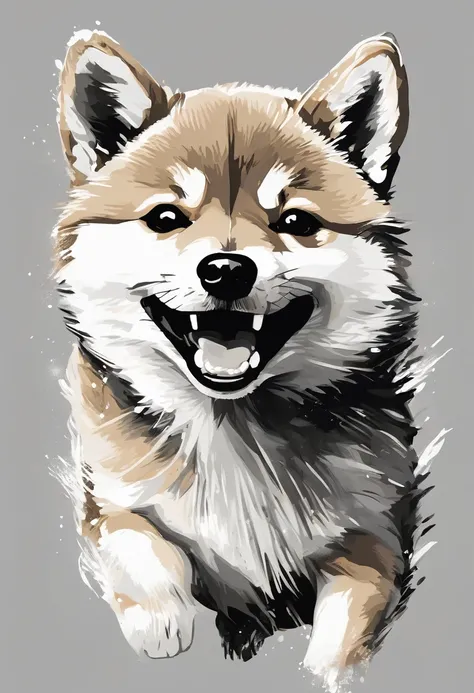 "Dynamic ink brushstroke style, black and white only: illustration by a professional illustrator, featuring a cute wolf pup or Shiba Inu, action shot, high detail, white background, sharp focus, full body, masterpiece, highly detailed, high quality, artist...