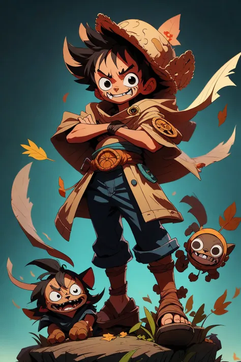 a cat warrior character,  (full body:1.2) , chibi, advanced digital chibi art, g liulian art style, maplestory mouse, bian lian, chibi art, league of legends art style, character art of maple story, ((view at the viewer)), (((Luffy costume)))