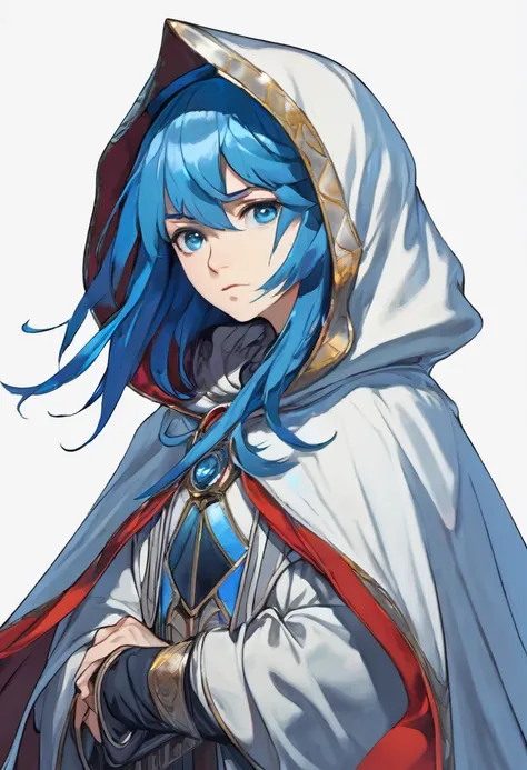 ((((White Background)))),((Master piece)),(((Character portrait))),Blue Hair,semi-long,Hood,(Expressionless),cool,Confused eyes,White eyes,Cape,((Low exposure))