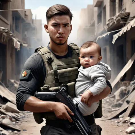 Create a portrait of young man carrying a baby in a war zone with gun, realistic portrait and detailed cg.