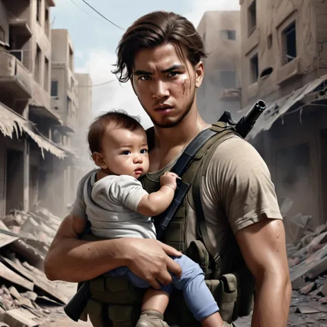 Create a portrait of young man carrying a baby in a war zone with gun, realistic portrait and detailed cg.