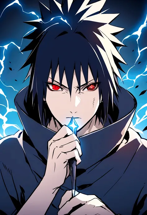 sasuke uchiha, blue lightning bolt in hand, chidory, upper body, sharingan in eyes, ready to fight, hight quality, red eyes,