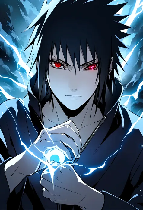 sasuke uchiha, blue lightning bolt in hand, chidory, upper body, sharingan in eyes, ready to fight, hight quality, red eyes,