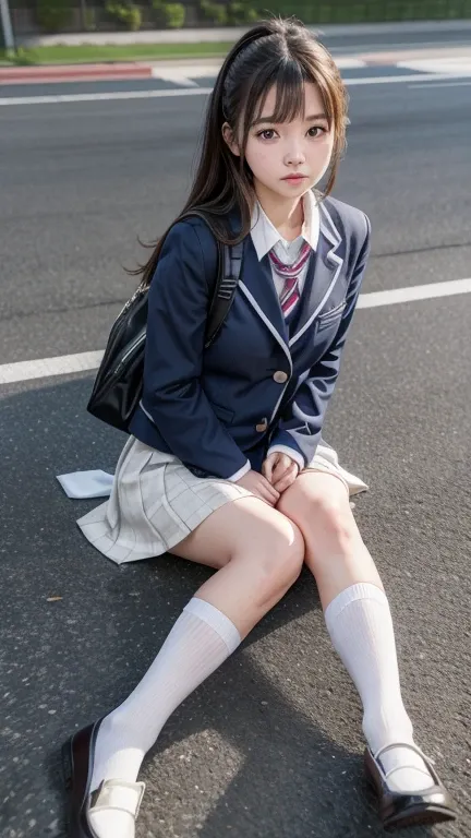 there is a woman in a school uniform posing on the ground, a hyperRealistic schoolgirl, cute schoolgirl, hyperRealistic schoolgirl, exhausting japanese school uniform, Realistic , japanese school uniform, japanese , Realistic young gravure idol, beautiful ...