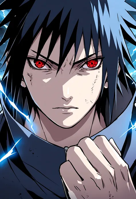 sasuke uchiha, blue lightning bolt in one hand, chidory, upper body, sharingan in eyes, ready to fight, hight quality, red eyes,...