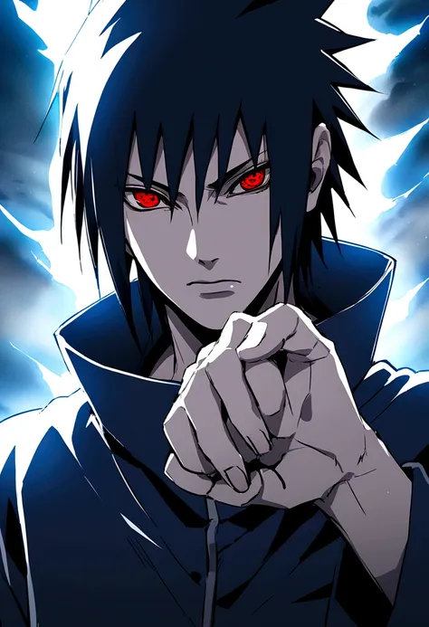 sasuke uchiha, blue lightning bolt in one hand, chidory, upper body, sharingan in eyes, ready to fight, hight quality, red eyes,...