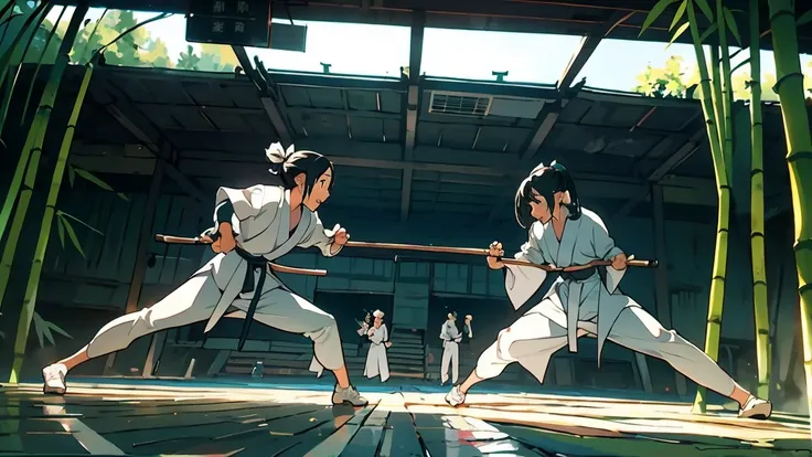 日本の剣道の防具を装備している女の子が竹刀をStanceている,((Its a Japanese martial art like fencing using bamboo swords)),high school girl,１people,Stance,Front-facing angle,Bust-up composition,Chudan-no-kamae,