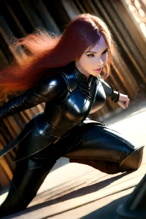 a female knight with long red hair, beautiful detailed eyes, beautiful detailed lips, extremely detailed face, longeyelashes, tight black leather armor, sword and shield, dynamic action pose, dramatic lighting, dark fantasy, cinematic, rich colors, dramati...