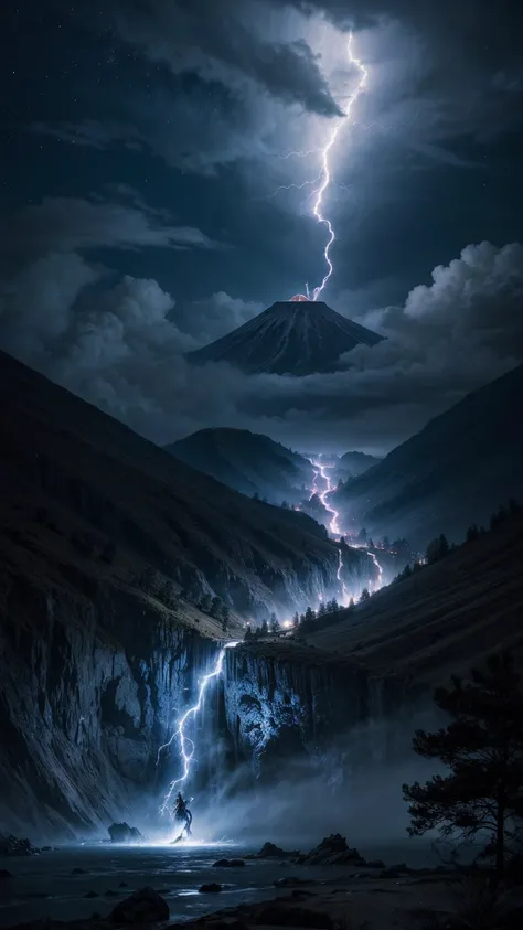 Ethereal fantasy concept art of a Black Magic Wizard casting spells, Magic, Dragon flying, Lightning Bolts, Storm, Fire, in the clouds, Epic Ringed Moon, at night, Volcano, waterfall, magnificent, celestial, ethereal, painterly, epic, majestic, magical, fa...