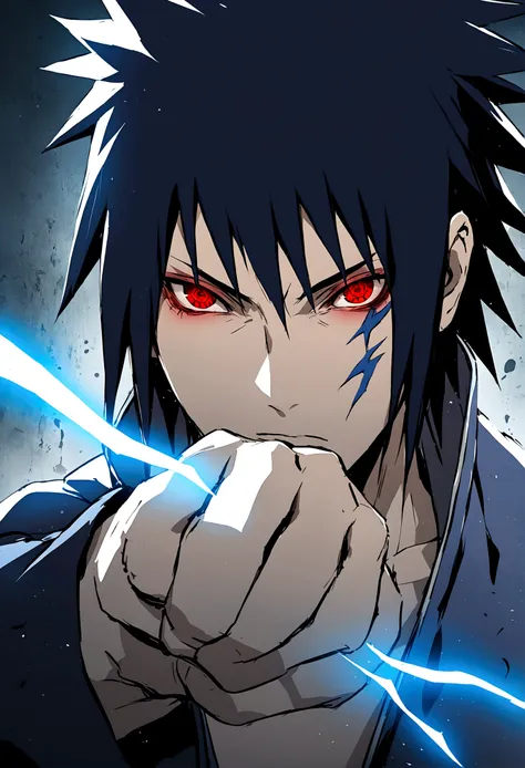 sasuke uchiha, blue lightning bolt in one hand, chidory, half body, sharingan in eyes, ready to fight, hight quality, red eyes,