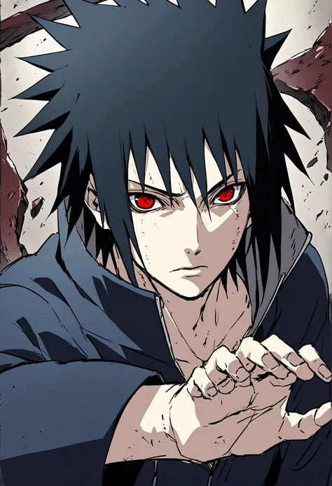 sasuke uchiha, blue lightning bolt in one hand, chidory, half body, sharingan in eyes, ready to fight, hight quality, red eyes,