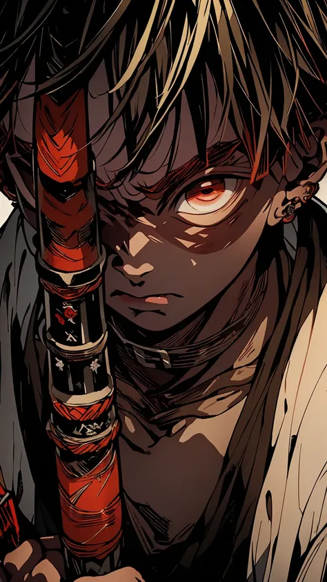 a dark skinned boy, with a red iris, aged six years, short kid, white hair, strong gaze, amidst the forest, vagabond art style, ...