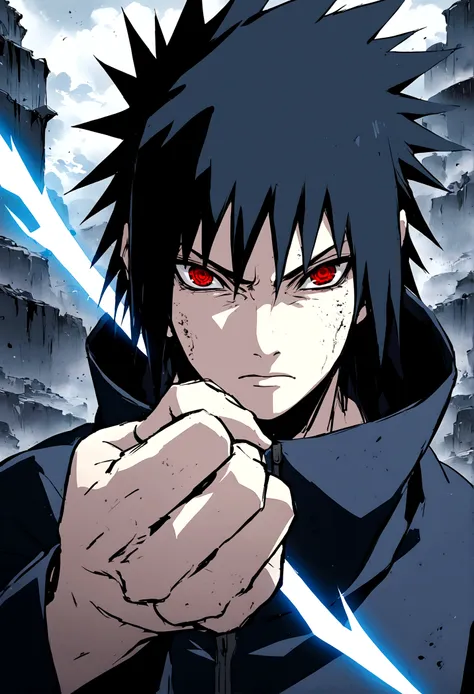 sasuke uchiha, blue lightning bolt in one hand, chidory, upper body, sharingan in eyes, ready to fight, hight quality, red eyes