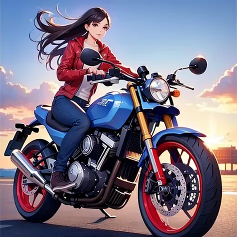 highest quality、realistic depiction、32k、beautiful woman driving a motorcycle、tall。slim、like the picture