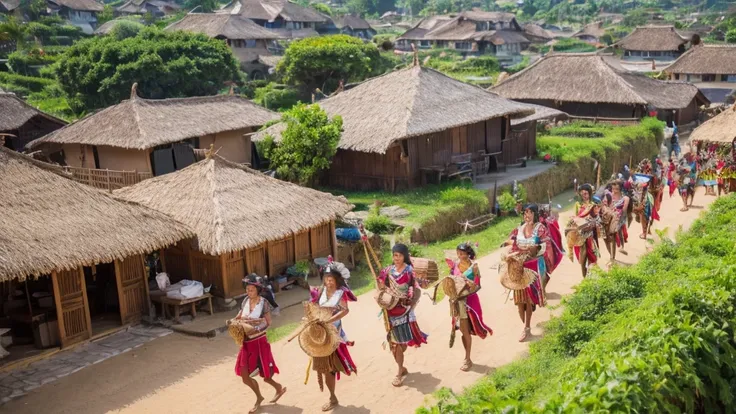 ((best quality)), ((masterpiece)), large crowd tight formation of many women wearing bikini tribe outfit walking between thatche...