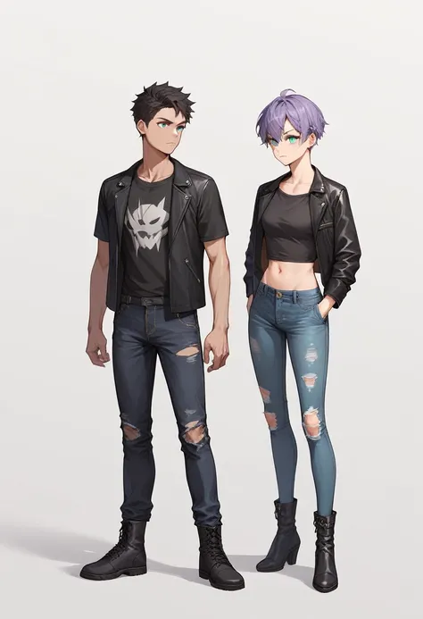 1 guy, purple short hair, turquoise eye color, black ripped jeans, black boots, Black leather jacket, dark gray t-shirt, White background, standing straight