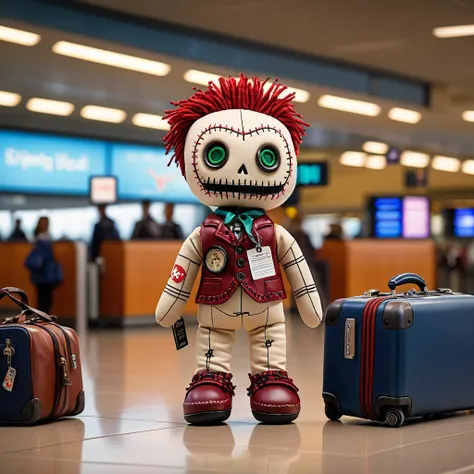 (knitted toy voodoo doll:1.5), (voodoo doll at an airport:1.3), (clothing: traveler's attire with a suitcase and neck pillow:1.0...