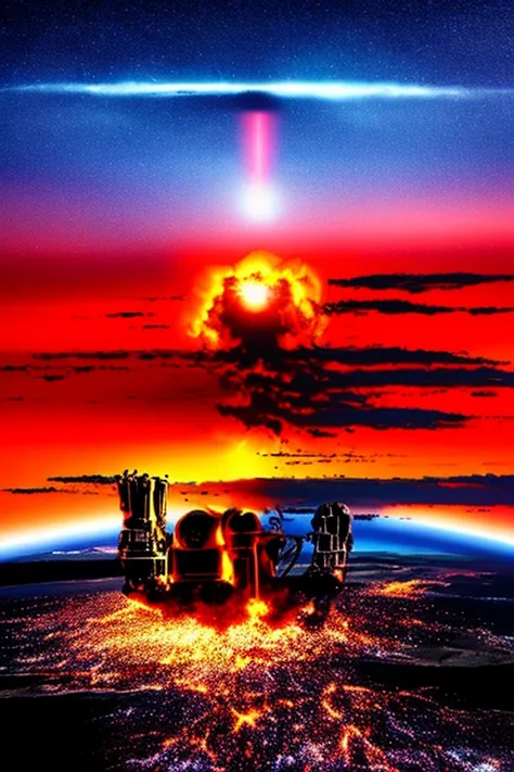 apocalyptic sky, twilight, reddish. nuclear apocalypse. ((five nuclear missiles fall vertically from the sky)). landscape.