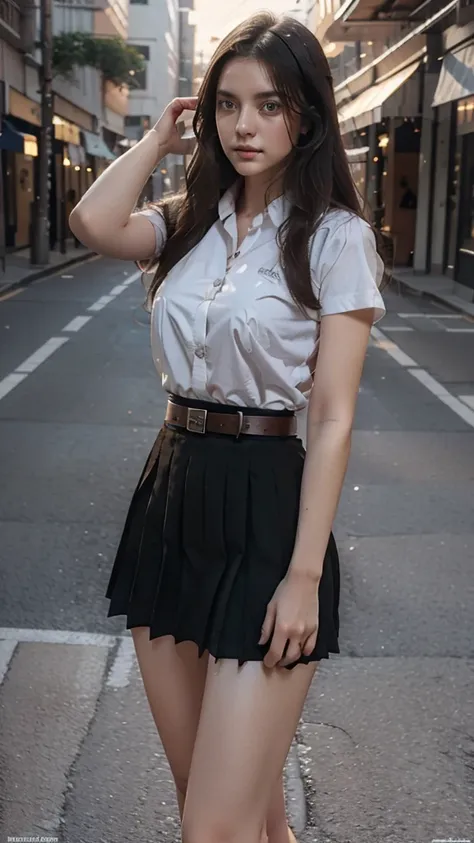 girl, white_shirt, short sleeve, black_skirt, shirt_hide_in, brown_belt