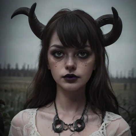 (Best Quality,hight resolution,Masterpiece, portrait:1.2),Ultra-detailed,blonde demon woman with black metal make-up,sickly, standing with a desolated land in the background, shes wearing a viking helmet with deer horns, desolated landscape in the backgrou...