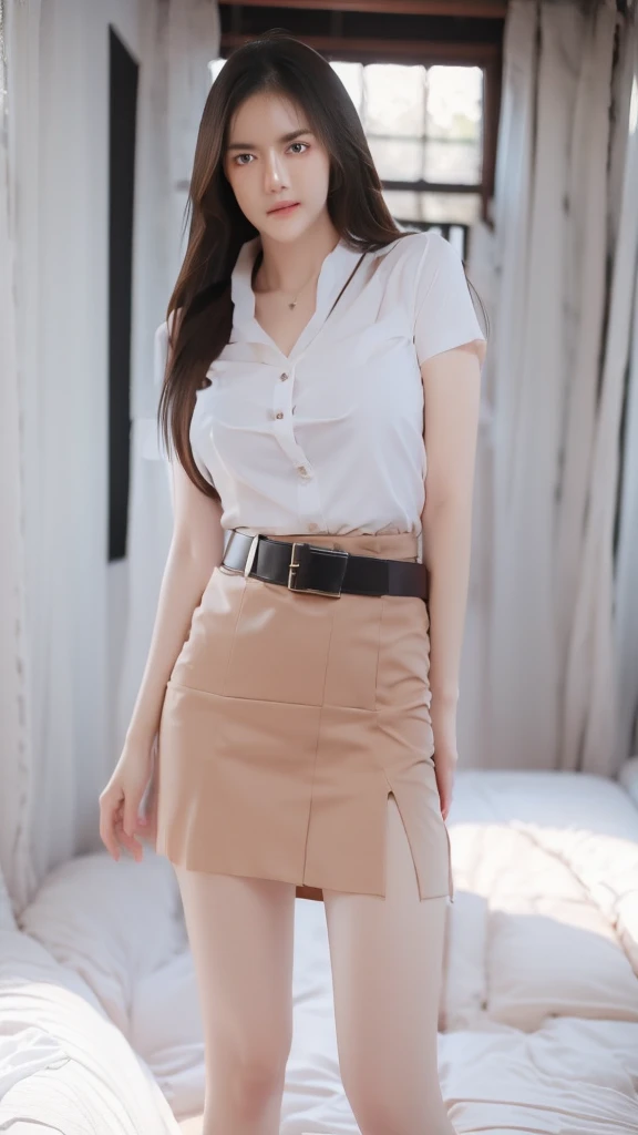 girl, white_shirt, short sleeve, black_skirt, shirt_hide_in, brown_belt