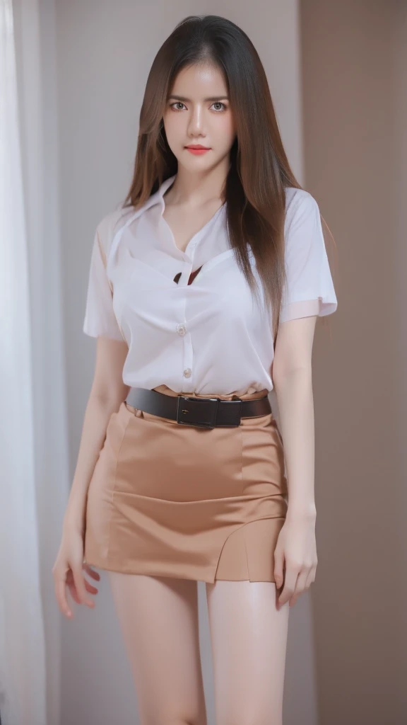 girl, white_shirt, short sleeve, black_skirt, shirt_hide_in, brown_belt