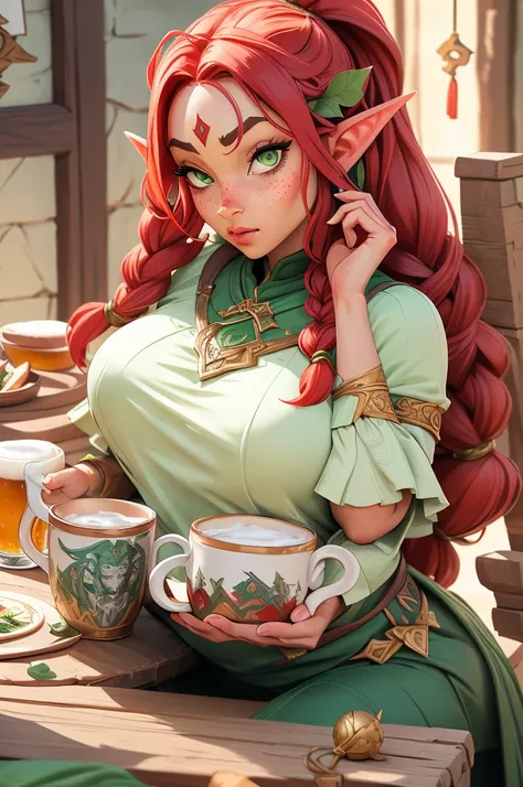 orc, long hair in red braids, very green eyes, freckles, thin lips, round face, medium breasts, wide hips, wearing black elf war...