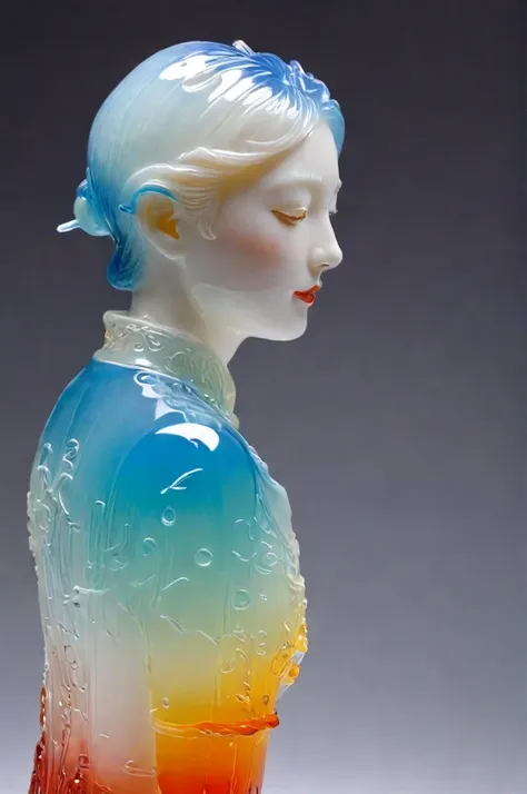 a close up of a colorful glass sculpture of a woman