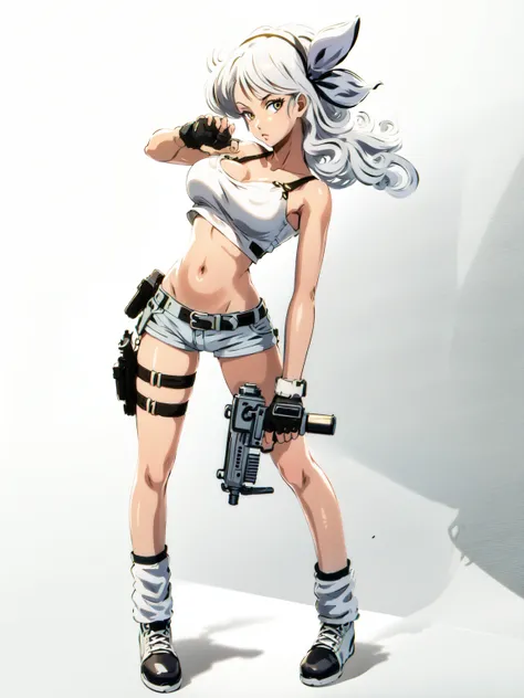 1girl, solo, weapon, shorts, gloves, gun, breasts, long hair, midriff, crop top, fingerless gloves, navel, shoes, full body, curly hair, cleavage, short shorts, hairband, submachine gun, yellow shorts, socks, holding weapon, holding, holster, simple backgr...