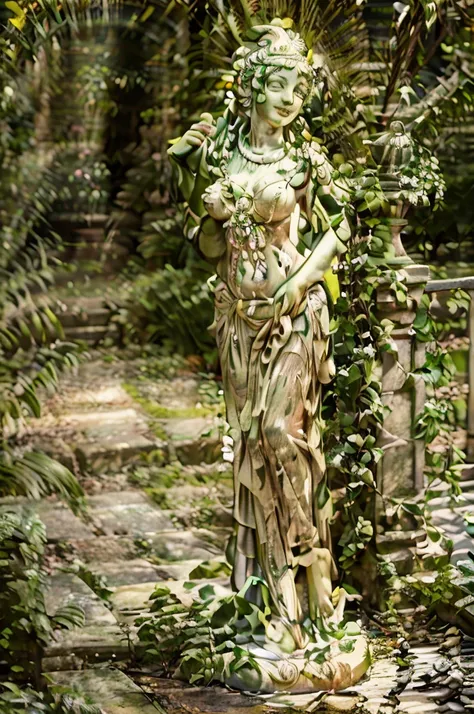 a beautiful detailed nude female statue, the venus de milo, standing in a lush garden, (best quality,4k,8k,highres,masterpiece:1...