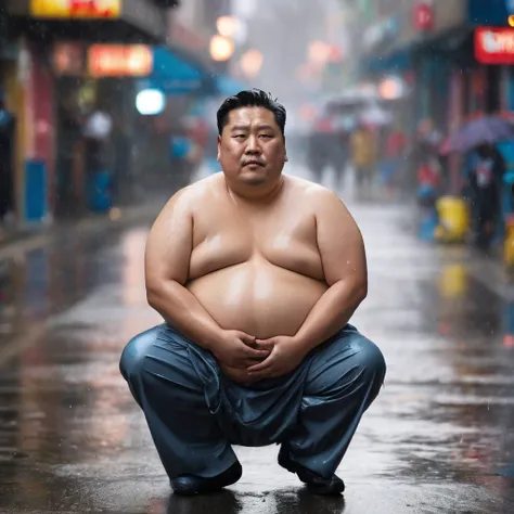 Professional photo, sharp 4K, top angle, beautiful light, Man 40 years old, Fat man, Chubby man, Asian, no shirt, wearing a coat, Show belly, wet from the rain, Sitting on the street.