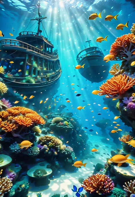 a beautiful detailed underwater scene with deep blue water, a variety of marine life, coral reefs, sunlight filtering through th...