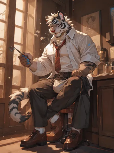 {{bara extremely handsome white tiger,}} {{white fur,}} white, wearing military like purple trench coat, purple trousers, white dress shirt and necktie, white fluffy furry body and limbs, loafers, very tall, very broad shoulders, narrow waist, muscular arm...