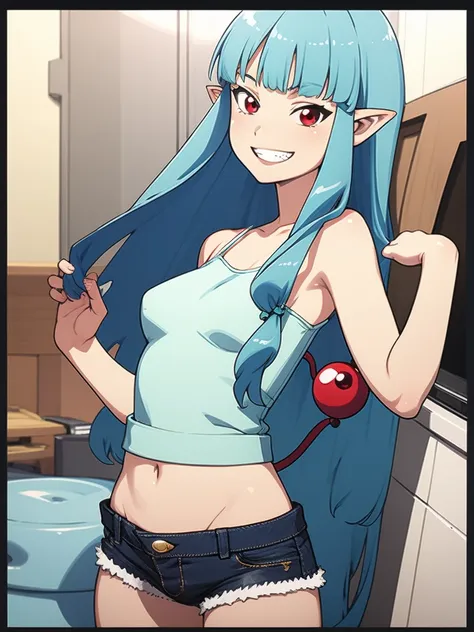 kiriha, red eyes, blue hair, long hair, blunt bangs, hair bobbles, pointy ears,camisole,denim shorts,grin