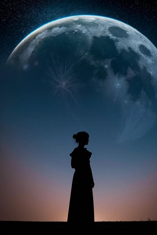 Highest quality,Big moon and shadow,A silhouette of a person can be seen against the backdrop of a large moon.,There is one full moon,There is a mood,Beautiful scenery,Starry Sky