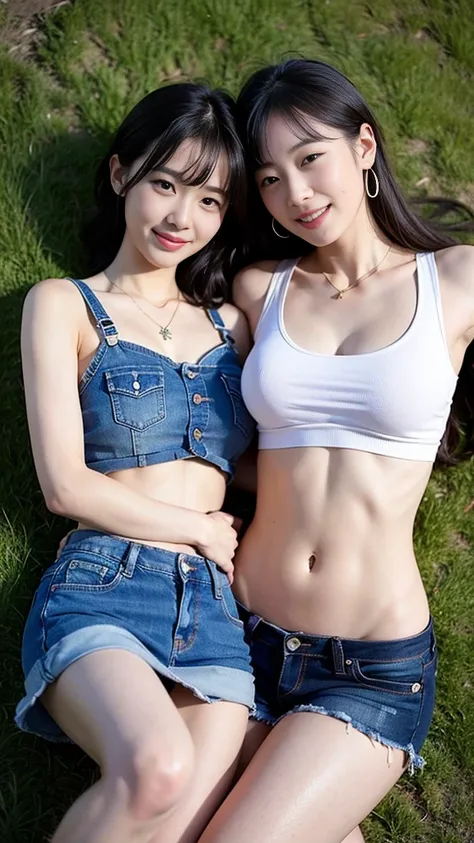 nsfw,Two cute Japanese women sleeping side by side on the grass、smile、bangs、((white denim mini skirt))、Denim vests、Trained abdominal muscles、cowboy shot,necklace,earrings,bracelet,open mouth,underboob,groin is visible,